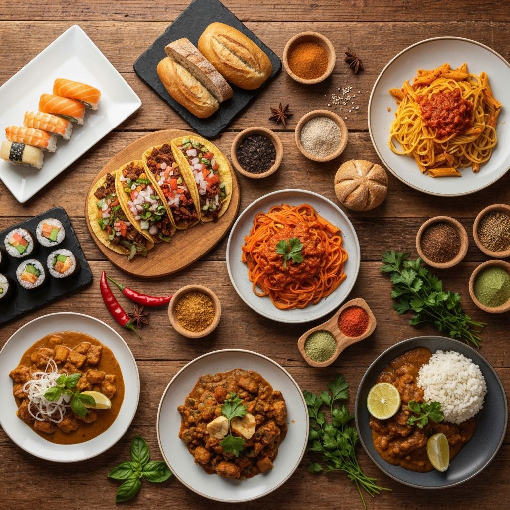 A diverse spread of world cuisines on a rustic table